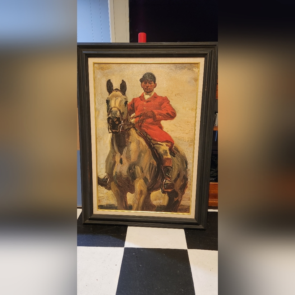 original oil replica by H A denunzio of Ned Osborne on Grey Tick by Aj Munnings